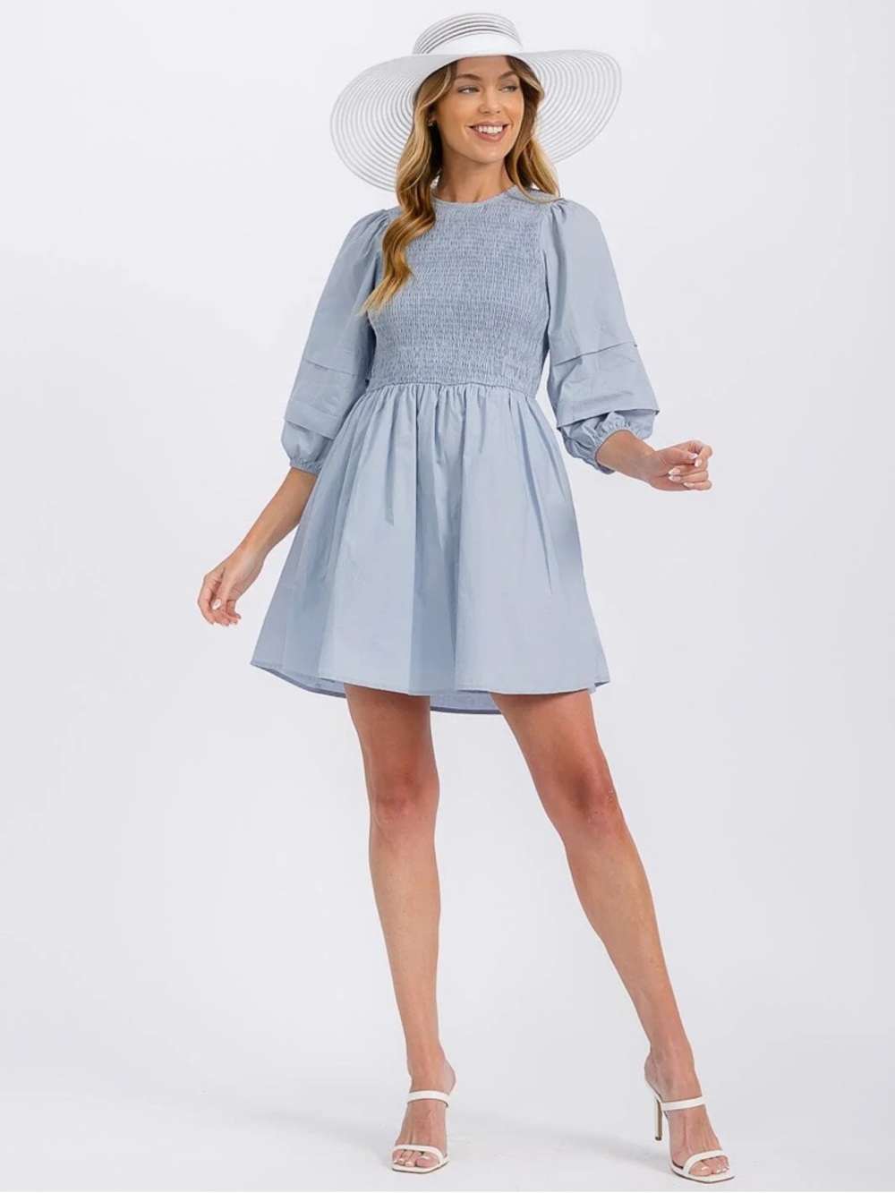 Light Blue Smocked Bodice Puff-Sleeve Dress